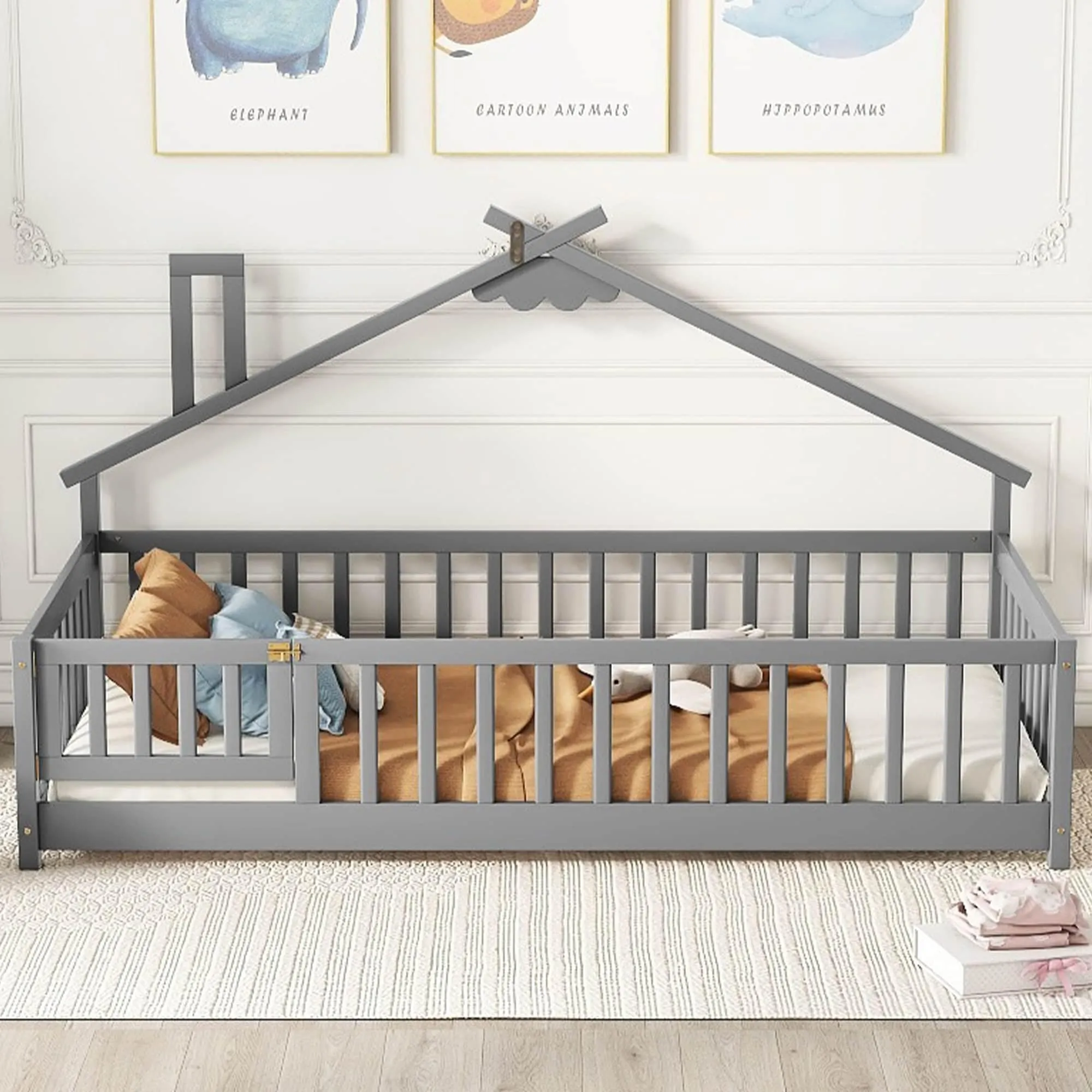 Twin Pine Wood House-Shaped Bedside Floor Bed with Guardrails Door
