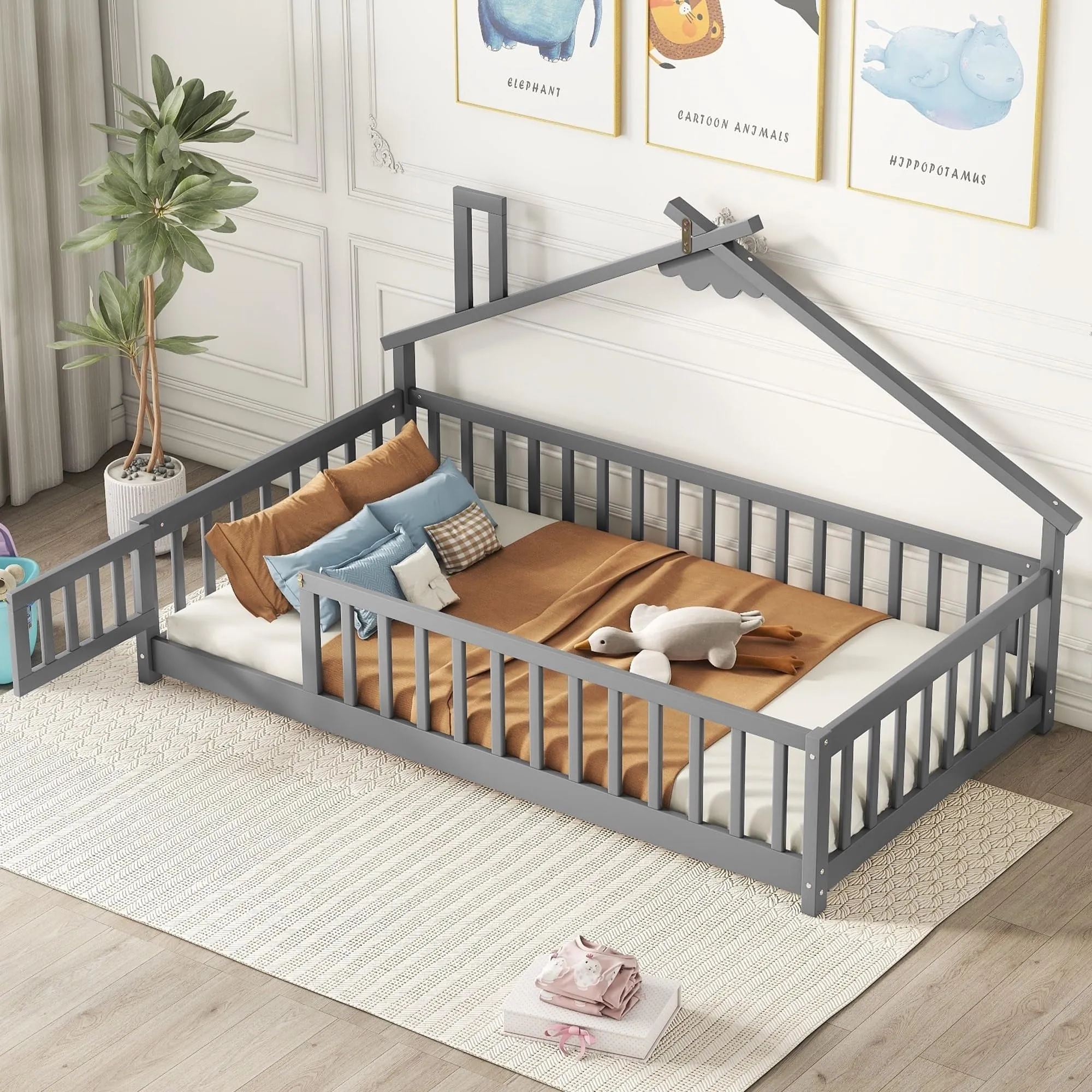 Twin Pine Wood House-Shaped Bedside Floor Bed with Guardrails Door
