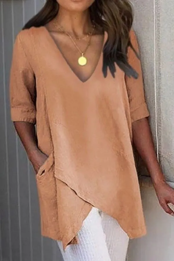 V Neck Irregular Hem T-shirt