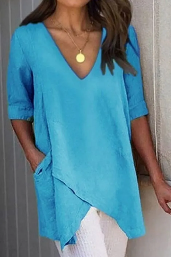 V Neck Irregular Hem T-shirt