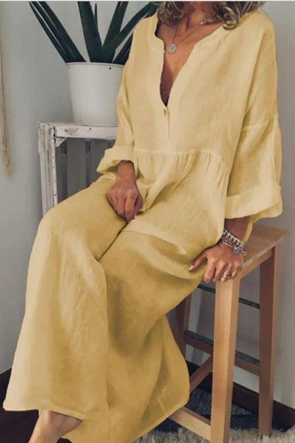 V Neck Solid Color Maxi Dress