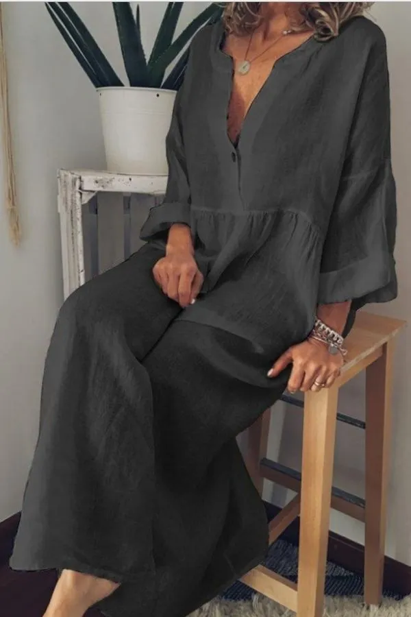 V Neck Solid Color Maxi Dress