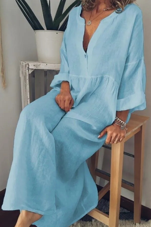 V Neck Solid Color Maxi Dress