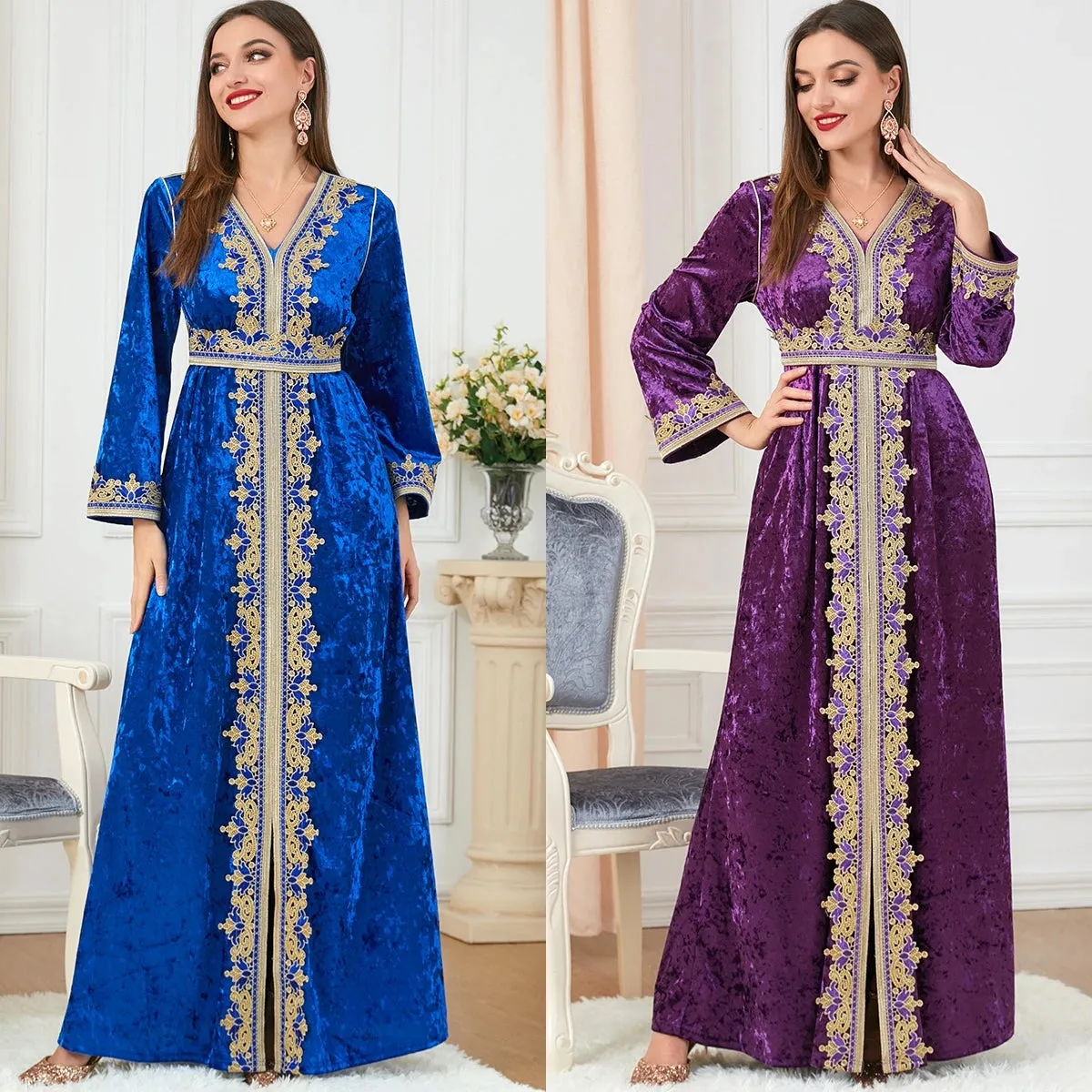 Velvet Gown Golden Ribbon Luxury Kaftan