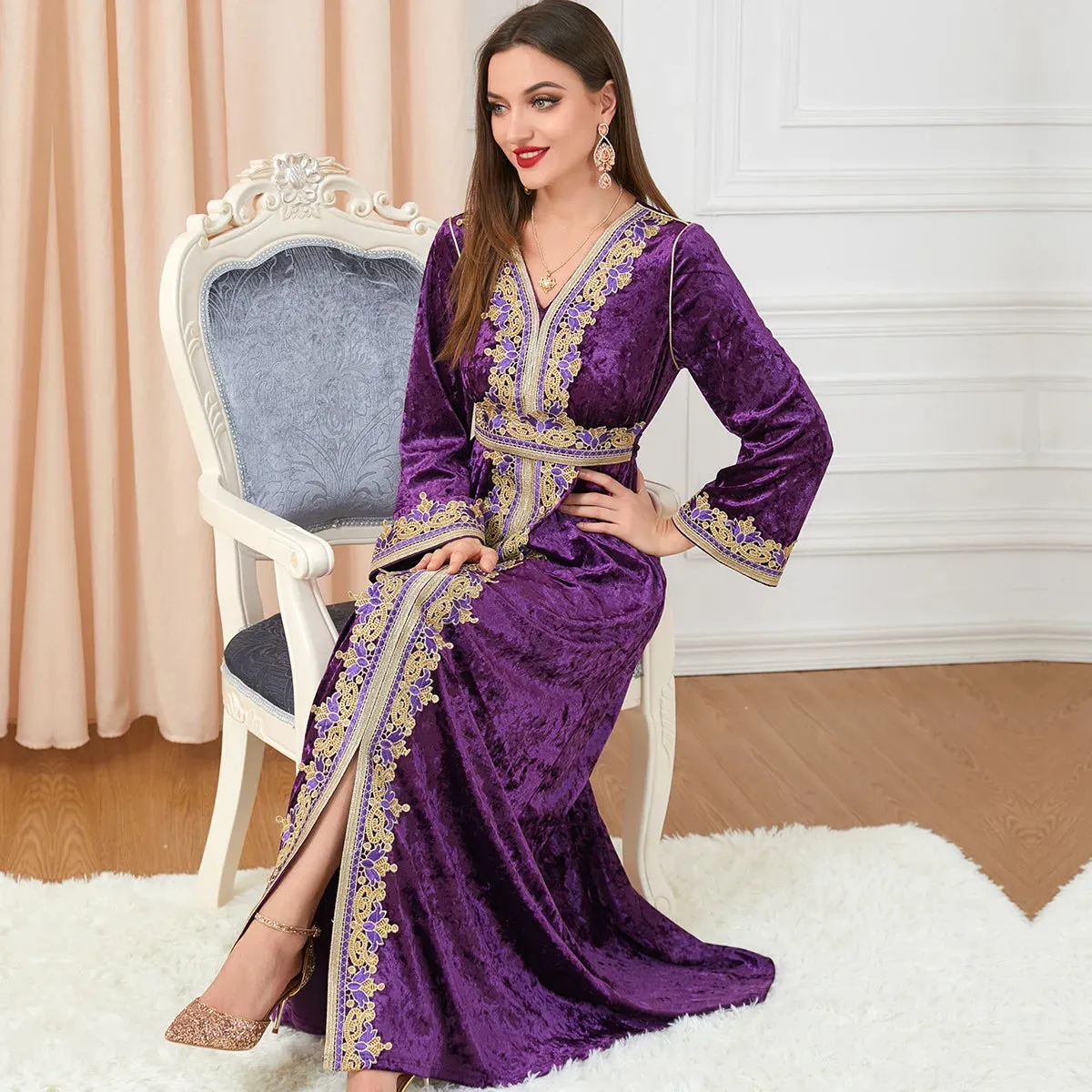 Velvet Gown Golden Ribbon Luxury Kaftan