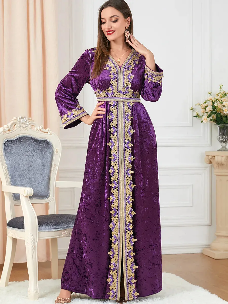 Velvet Gown Golden Ribbon Luxury Kaftan