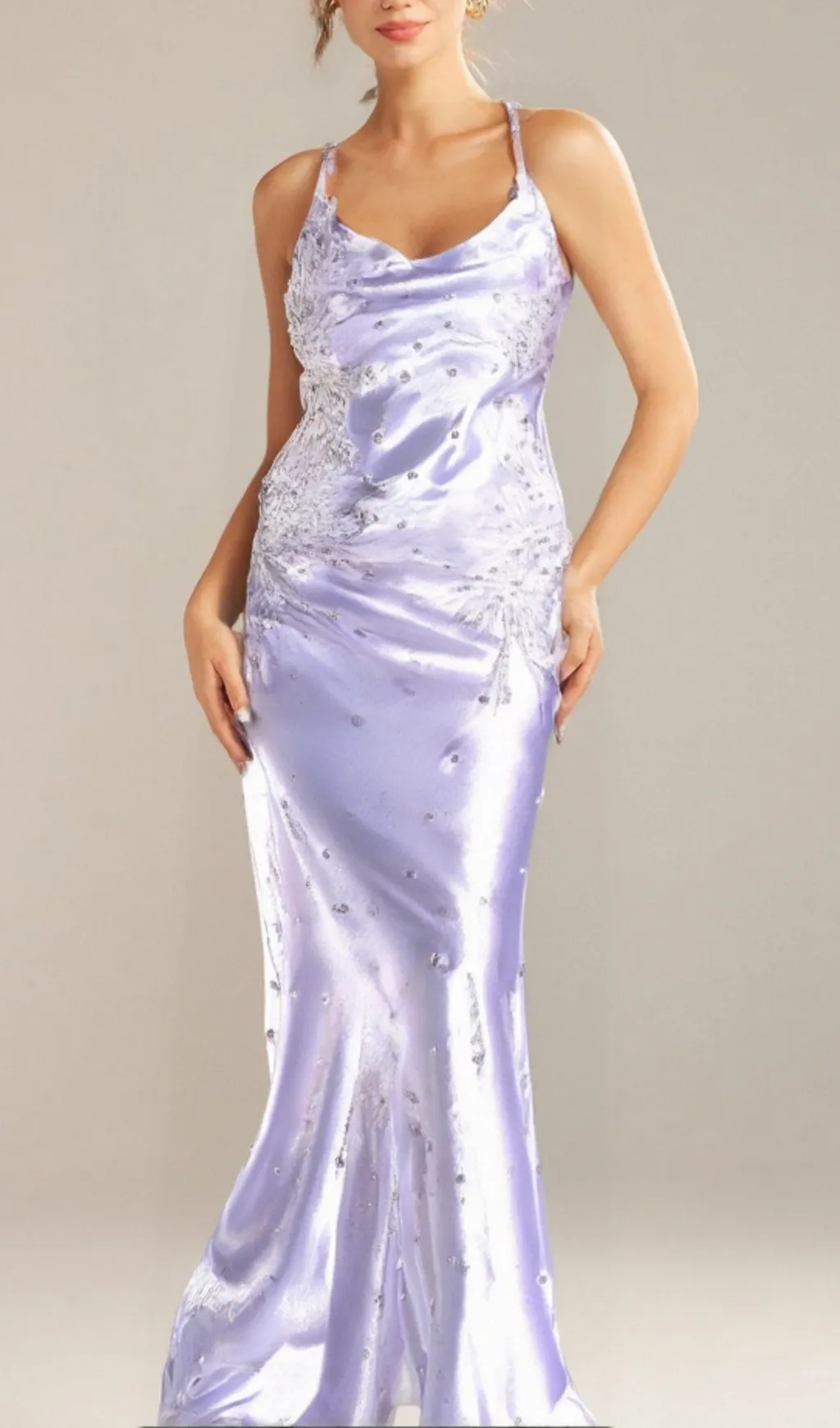 WHITE ALANIDES BEAD APPLIQUE SATIN DRESS
