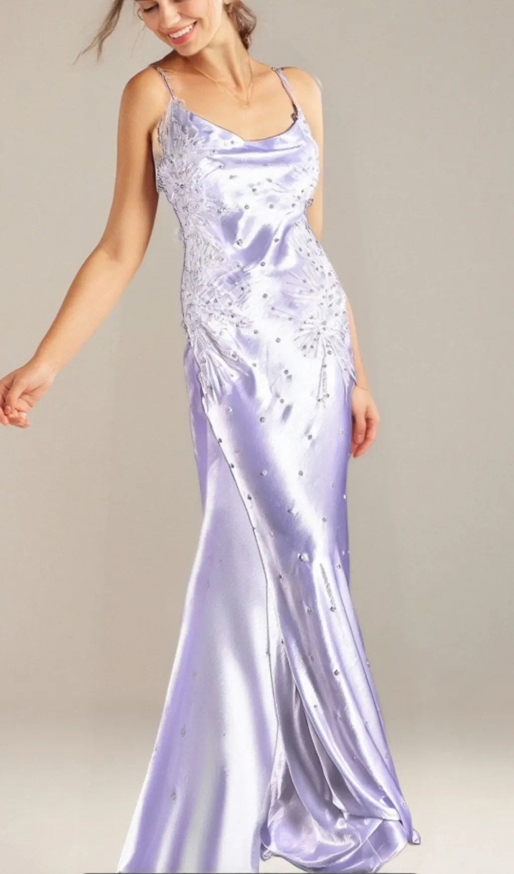 WHITE ALANIDES BEAD APPLIQUE SATIN DRESS