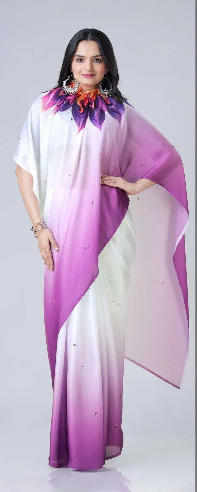 White & Purple Free Hand Stylish Satin Georgette Saree