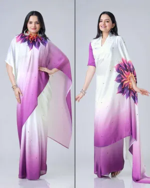 White & Purple Free Hand Stylish Satin Georgette Saree