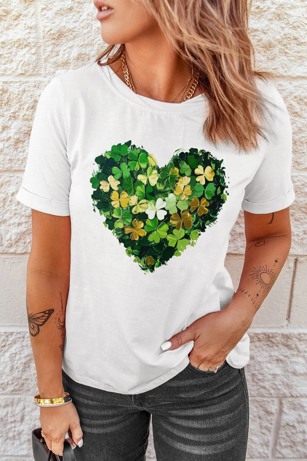 White Clover Heart Printed St Patricks Day T Shirt