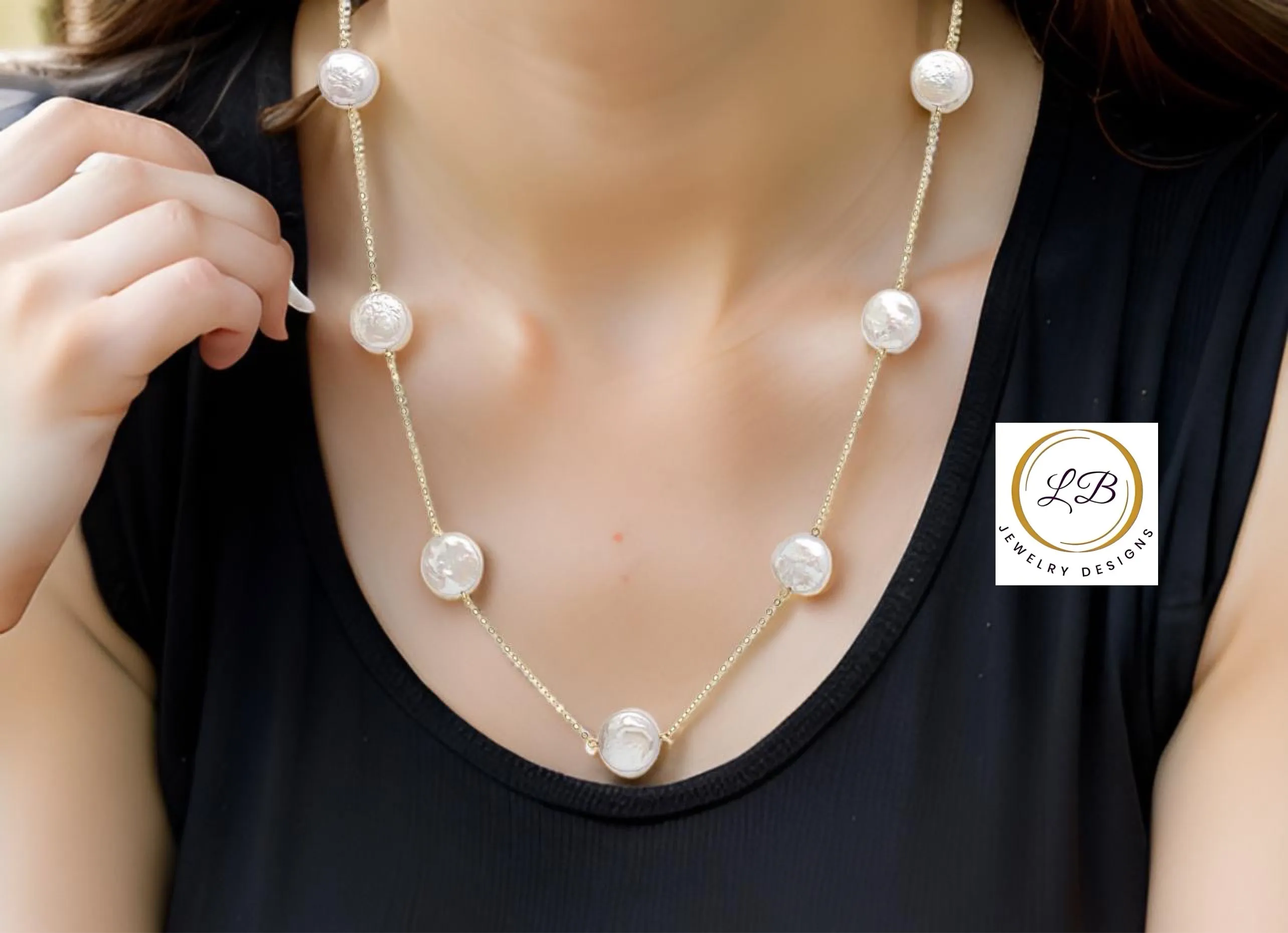 White Coin Pearl Gold-Filled Chain Necklace 18"