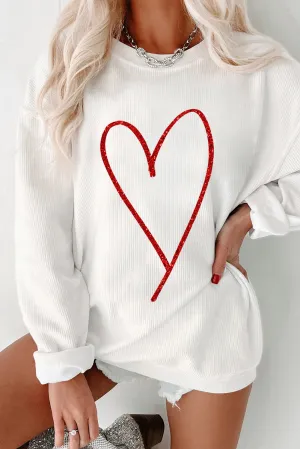 White Glittering Heart Printed Corded Valentines Pullover Sweatshirt