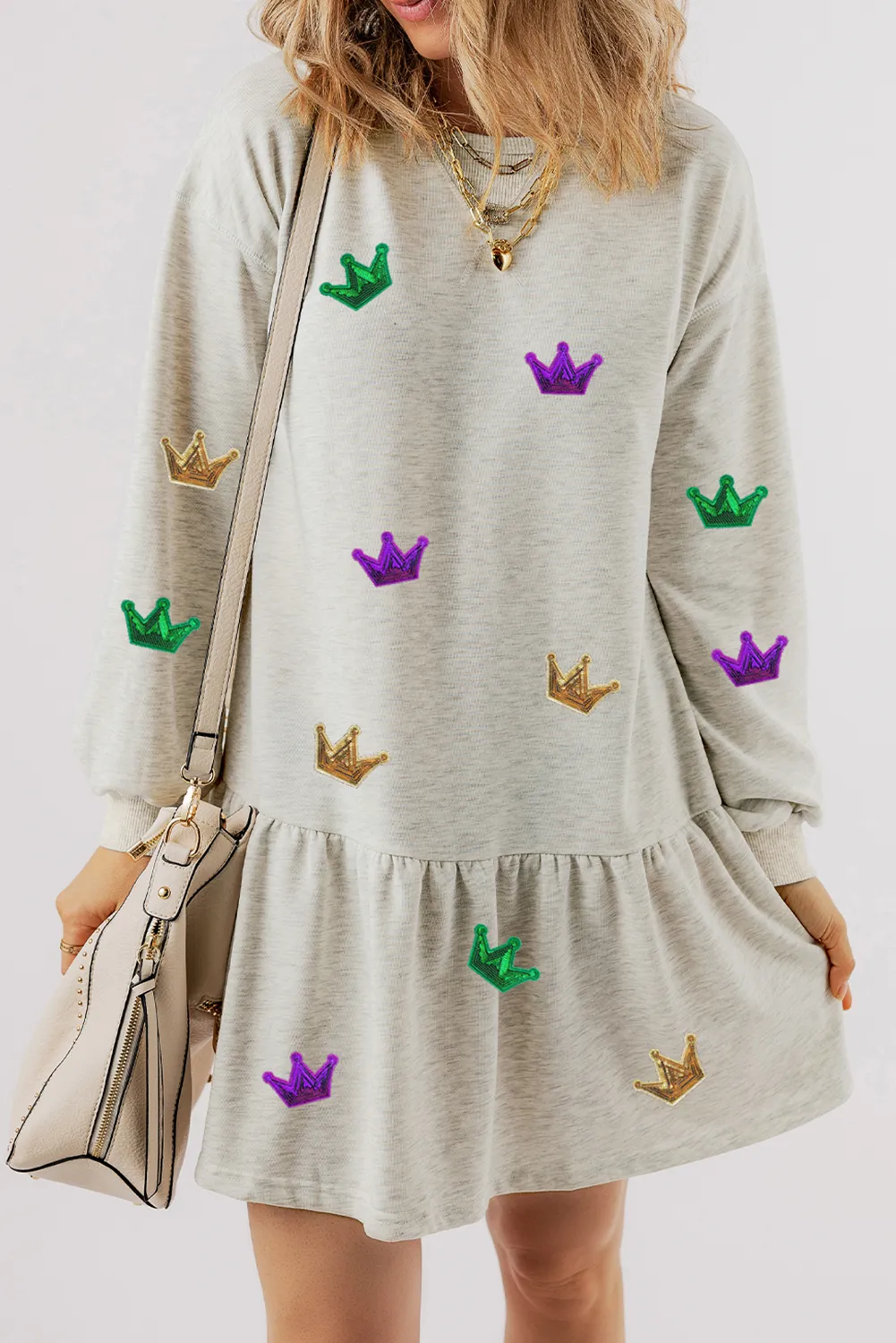 White Mardi Gras Crown Patched Long Sleeve Ruffle Hem Dress