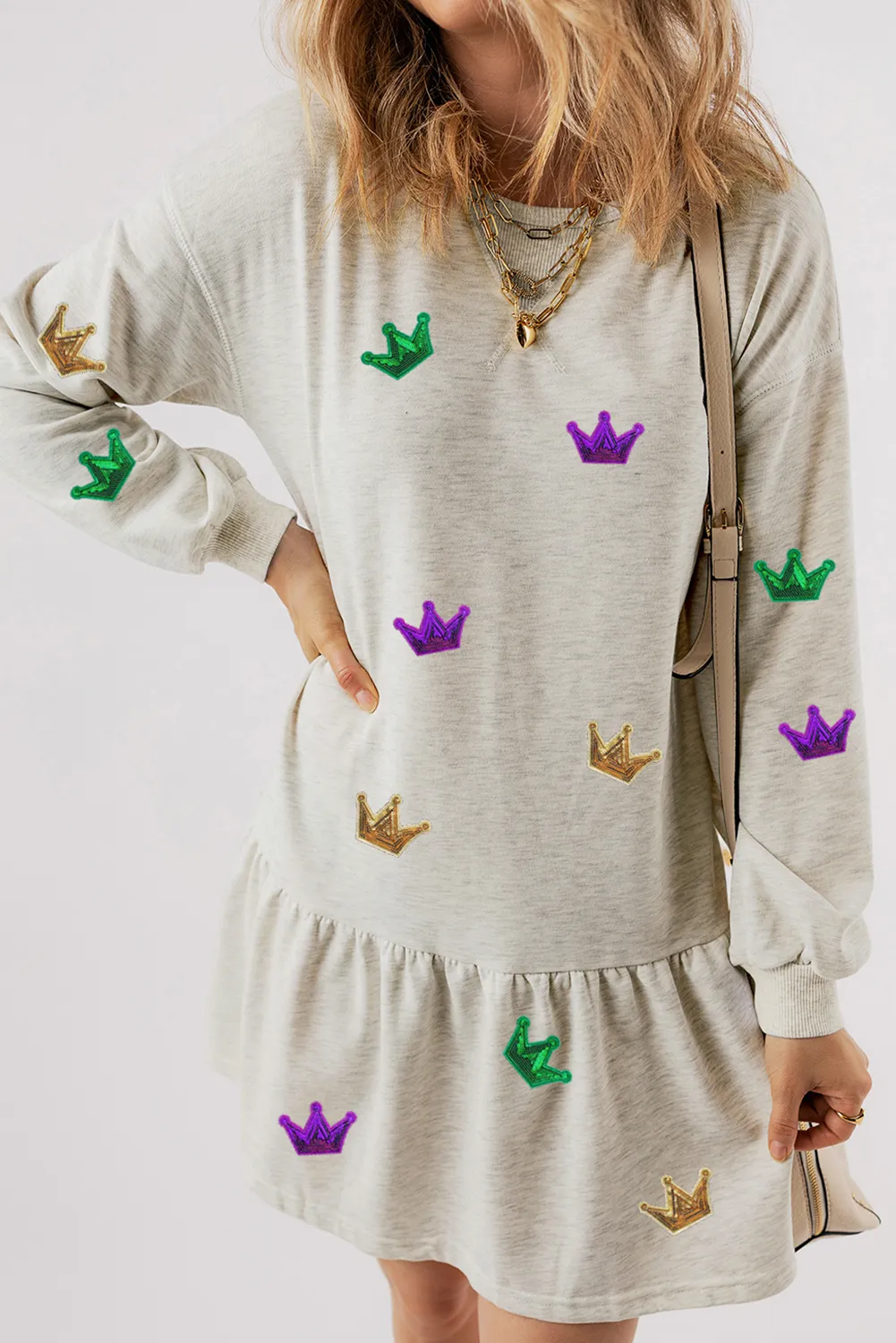 White Mardi Gras Crown Patched Long Sleeve Ruffle Hem Dress
