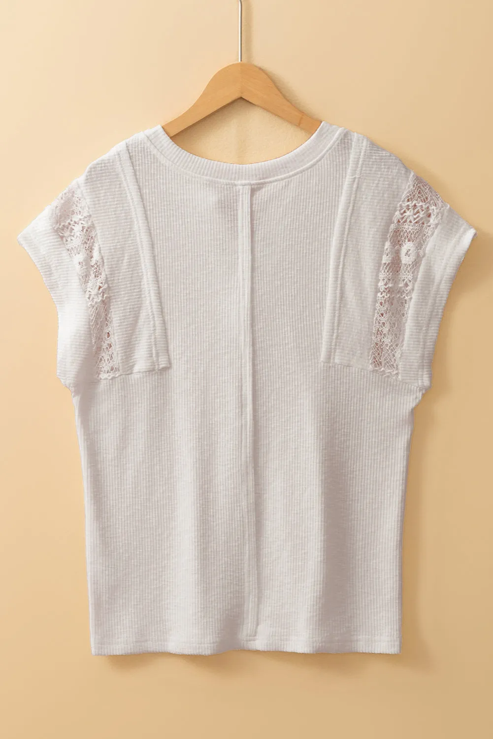 White Ribbed Texture Lace Patchwork Short Sleeve Top