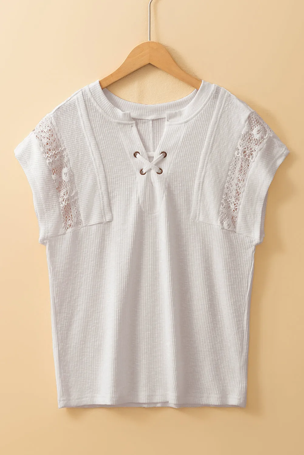 White Ribbed Texture Lace Patchwork Short Sleeve Top