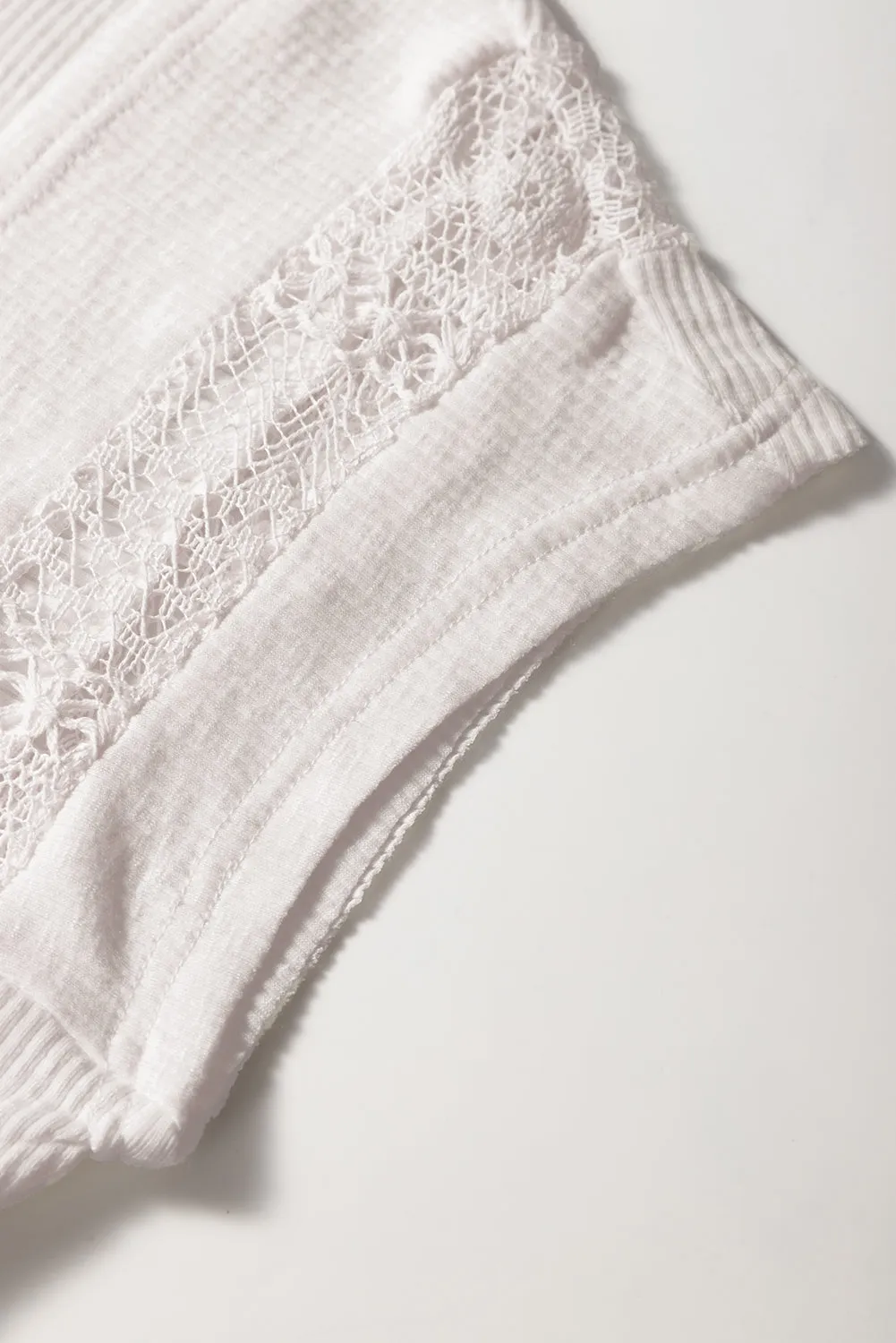 White Ribbed Texture Lace Patchwork Short Sleeve Top