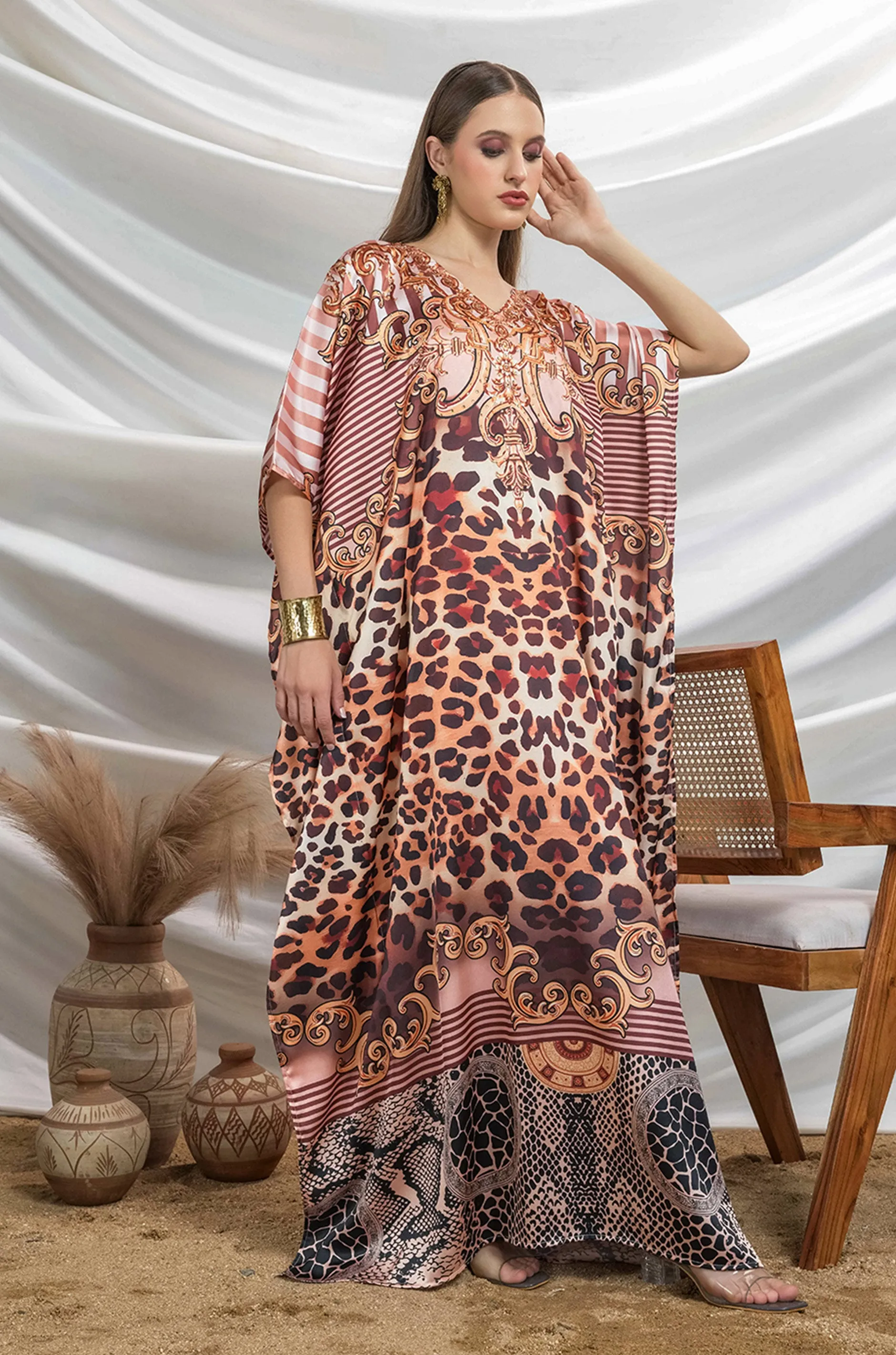 Wild Wind Soft Satin Women Kaftan with Rhinestones