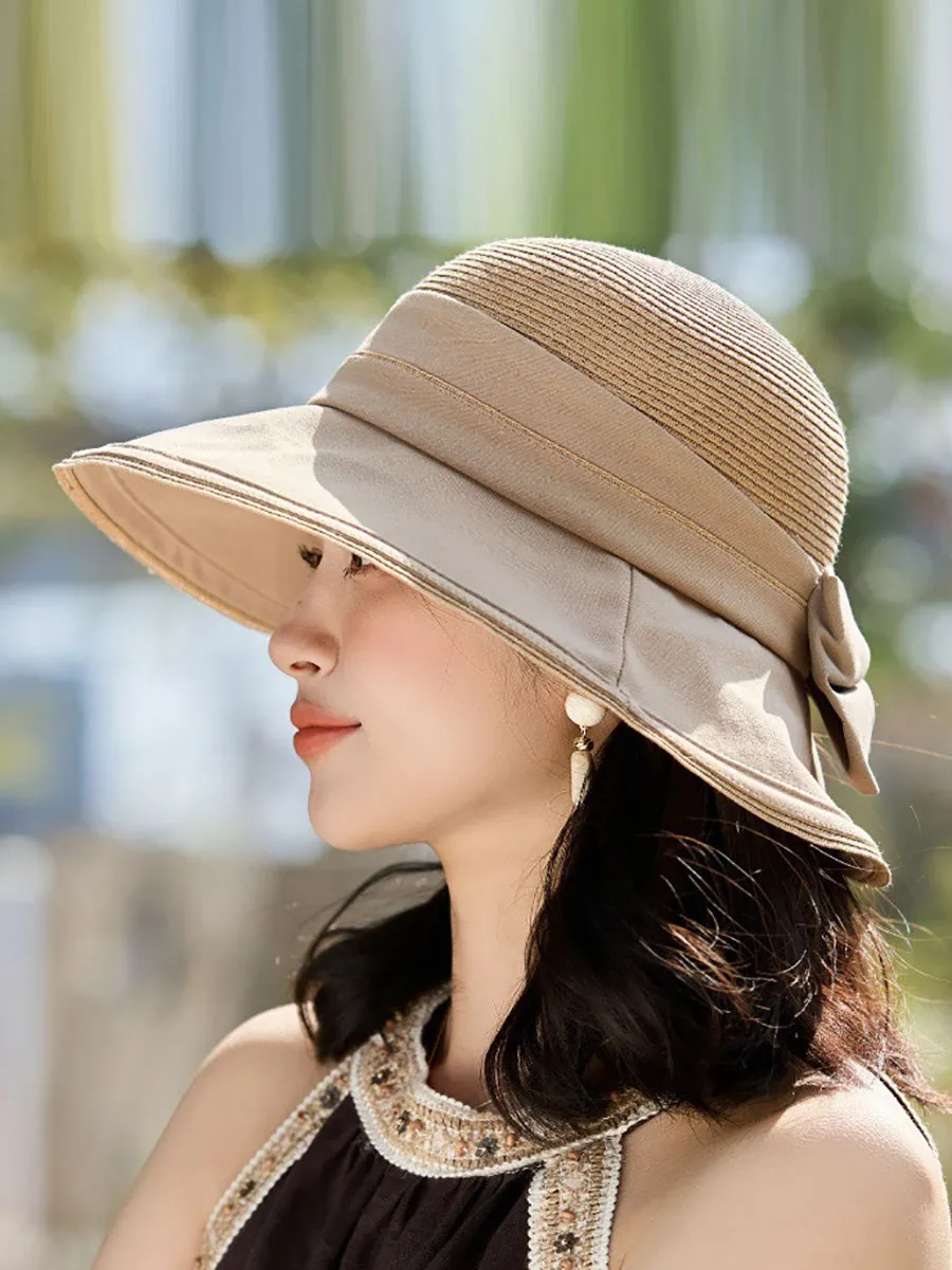 Women Casual Straw Spliced Bowknot Sunproof Hat