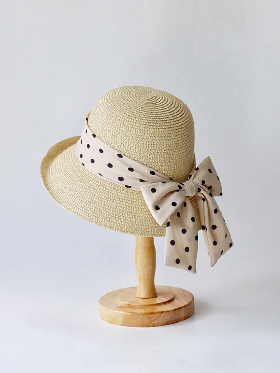 Women Summer Straw Knit Dot Bowknot Sunproof Hat