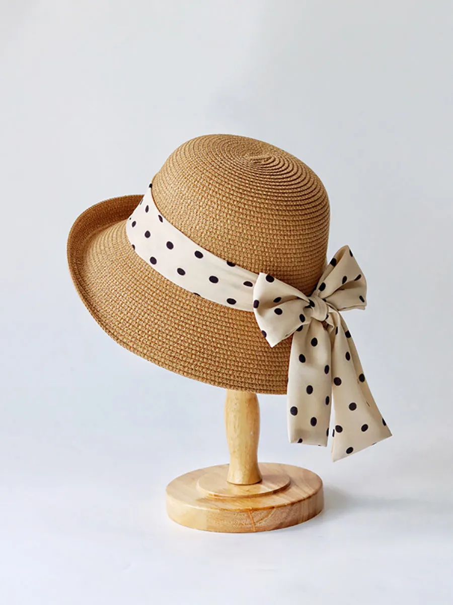 Women Summer Straw Knit Dot Bowknot Sunproof Hat
