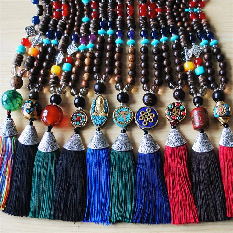 Women's Retro Ethnic Style Handmade Beaded Pendant Necklace - Red Tassel