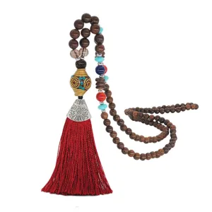 Women's Retro Ethnic Style Handmade Beaded Pendant Necklace - Red Tassel